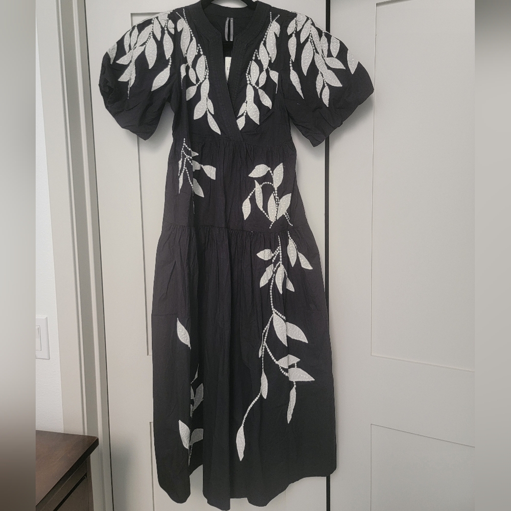 Anthropologie Black Midi Dress with White Leaf Pattern